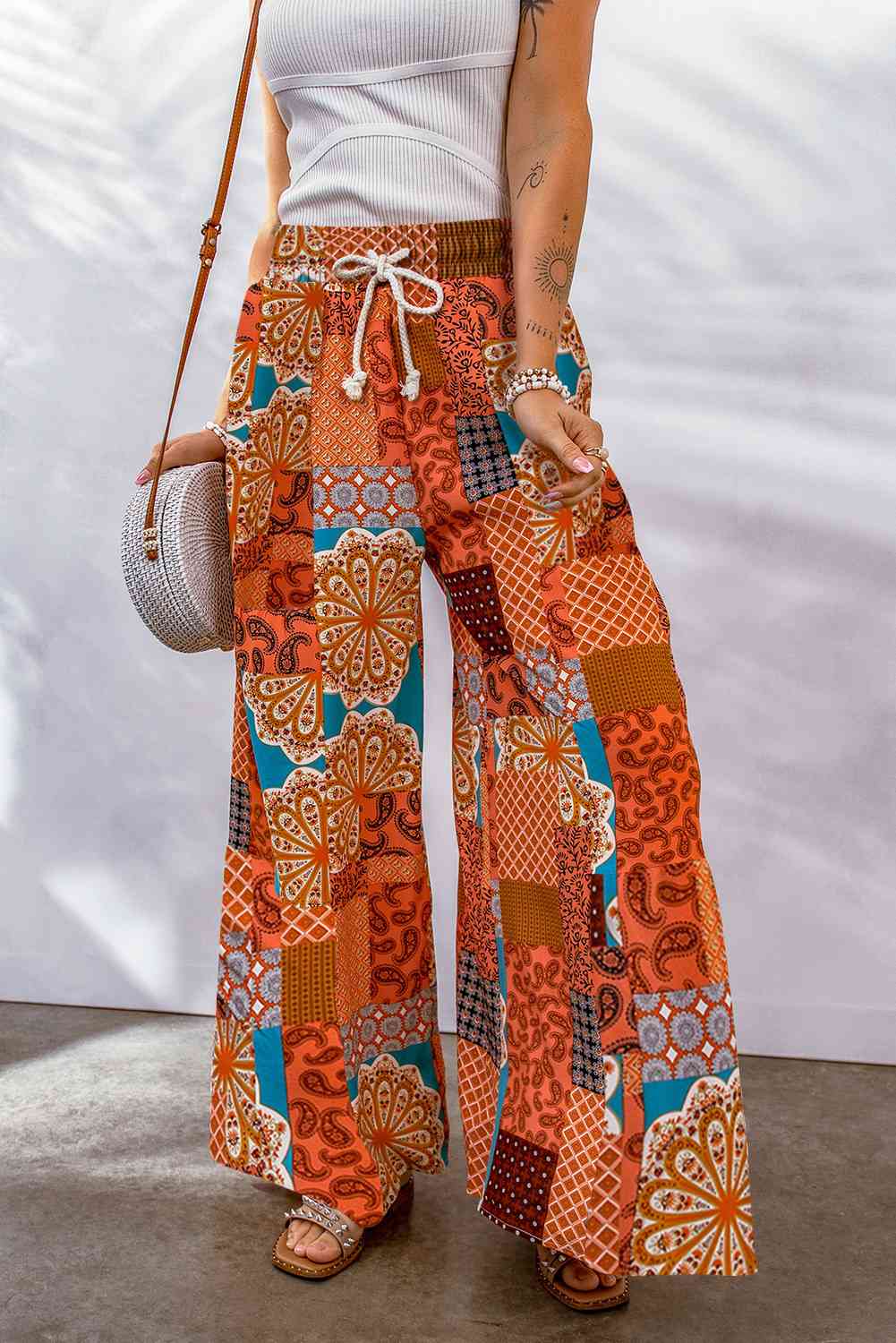 Bohemian Patchwork Drawstring Wide Leg Pants - Pahabu - Women's Clothing & Shop