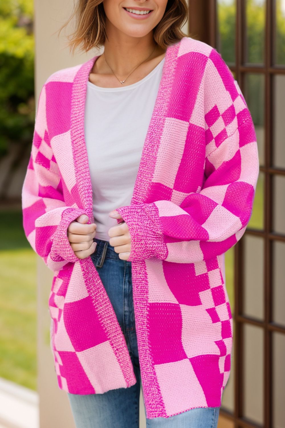 Checkered Open Front Long Sleeve Cardigan - Pahabu - Women's Clothing & Shop