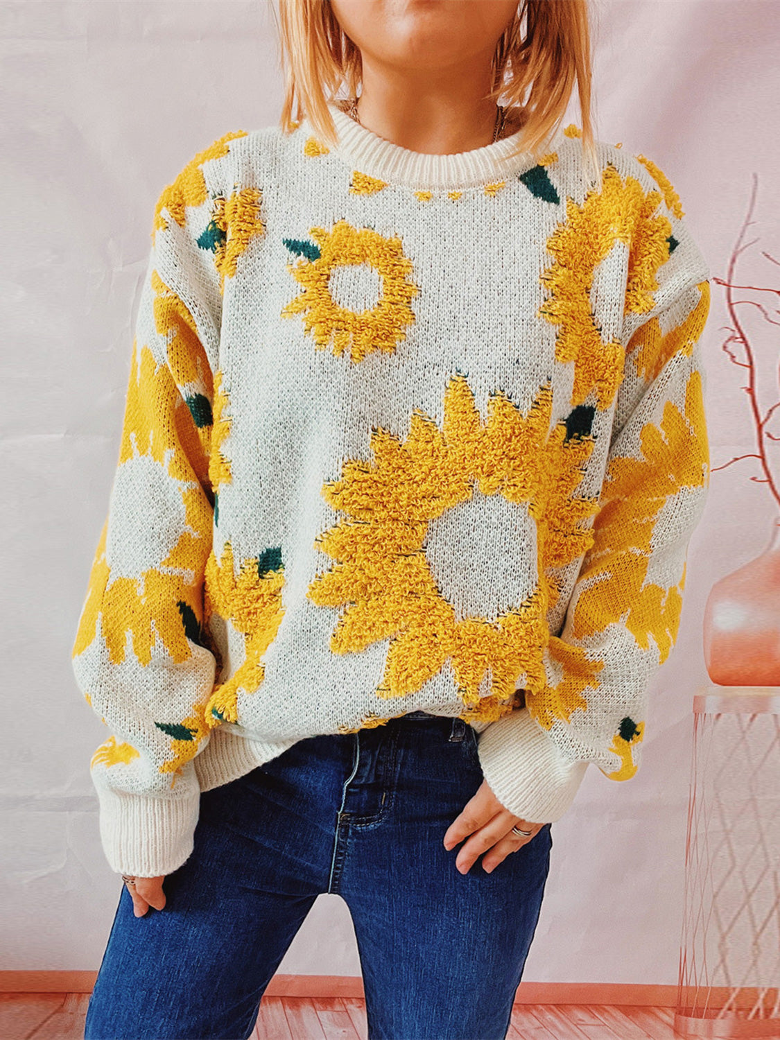 Sunflower Dropped Shoulder Long Sleeve Sweater - Pahabu - Women's Clothing & Shop