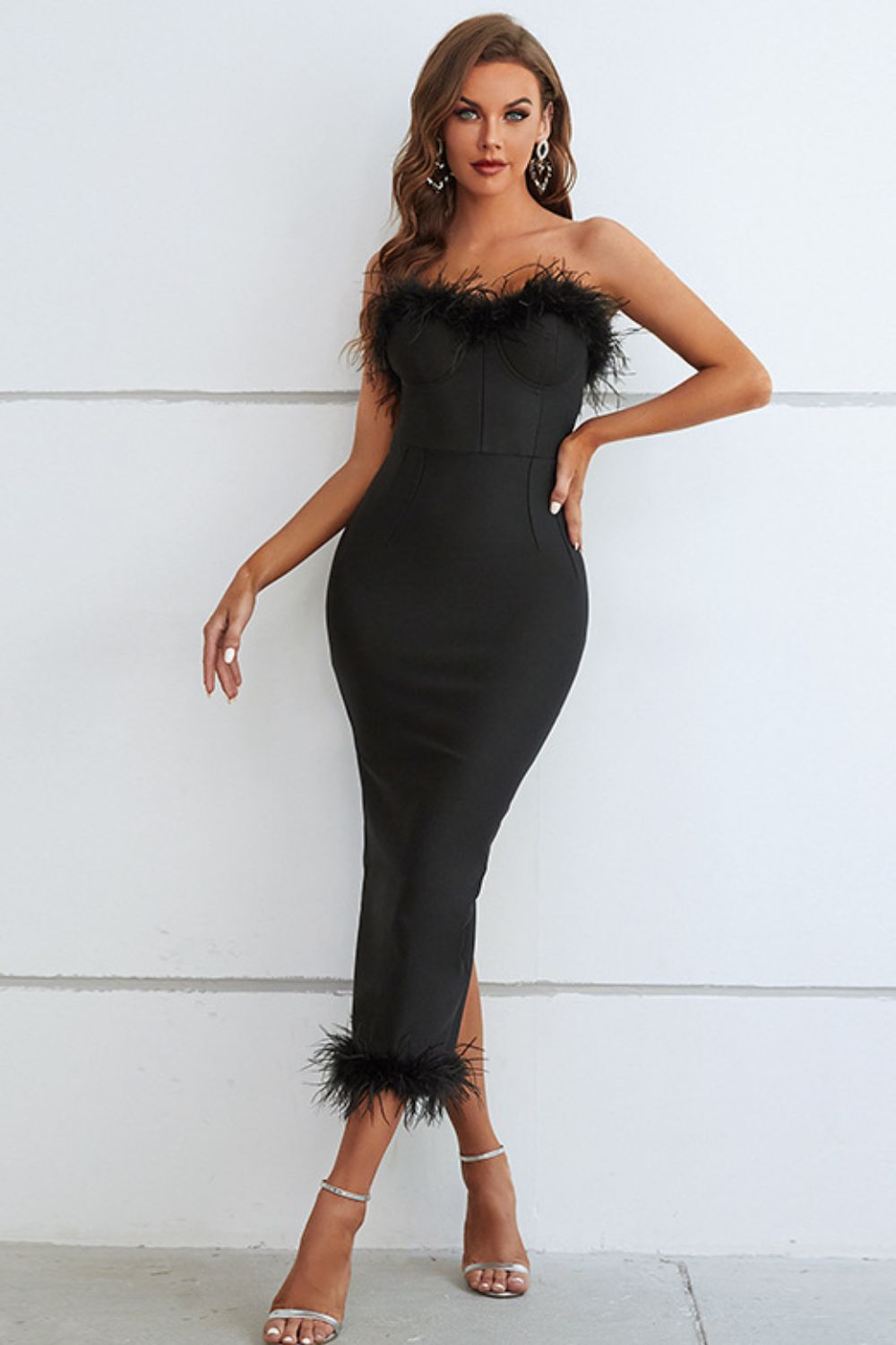 Feather Trim Strapless Sweetheart Neck Dress - Pahabu - Women's Clothing & Shop