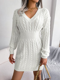 Cable-Knit V-Neck Mini Sweater Dress - Pahabu - Women's Clothing & Shop