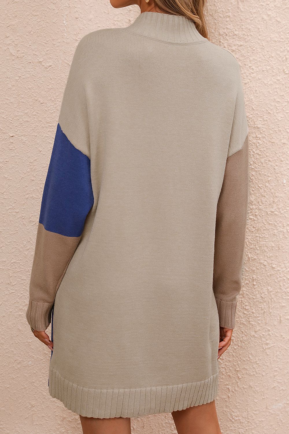 Color Block Mock Neck Dropped Shoulder Sweater Dress - Pahabu - Women's Clothing & Shop