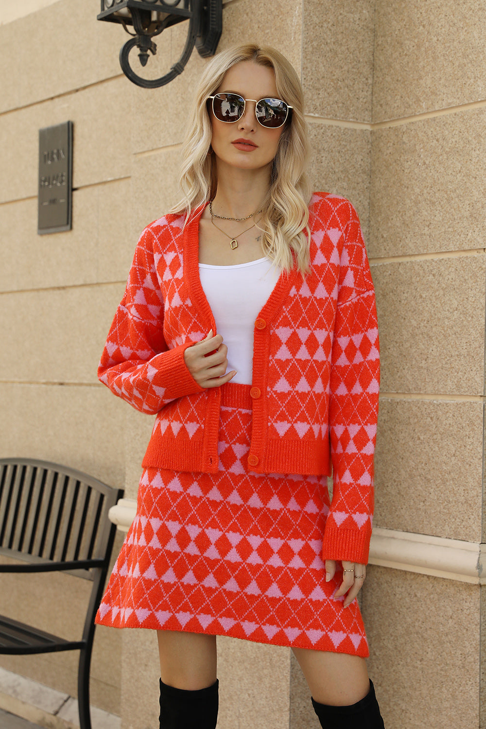 Geometric Button Front Cardigan and Skirt Set - Pahabu - Women's Clothing & Shop