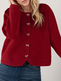 Bow Button Down Round Neck Long Sleeve Cardigan - Pahabu - Women's Clothing & Shop