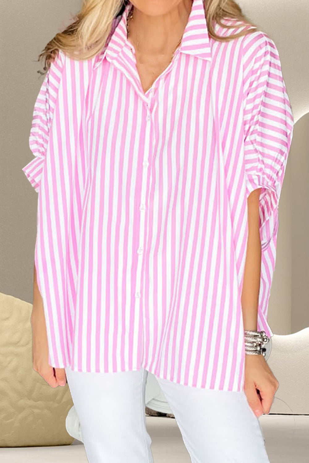 Striped Collared Neck Half Sleeve Shirt - Pahabu - Women's Clothing & Shop