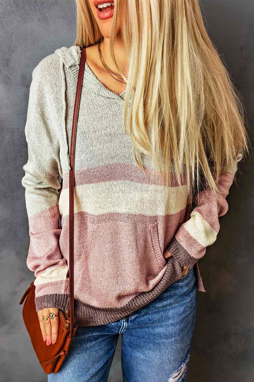 Color Block Drawstring Side Slit Hooded Sweater - Pahabu - Women's Clothing & Shop