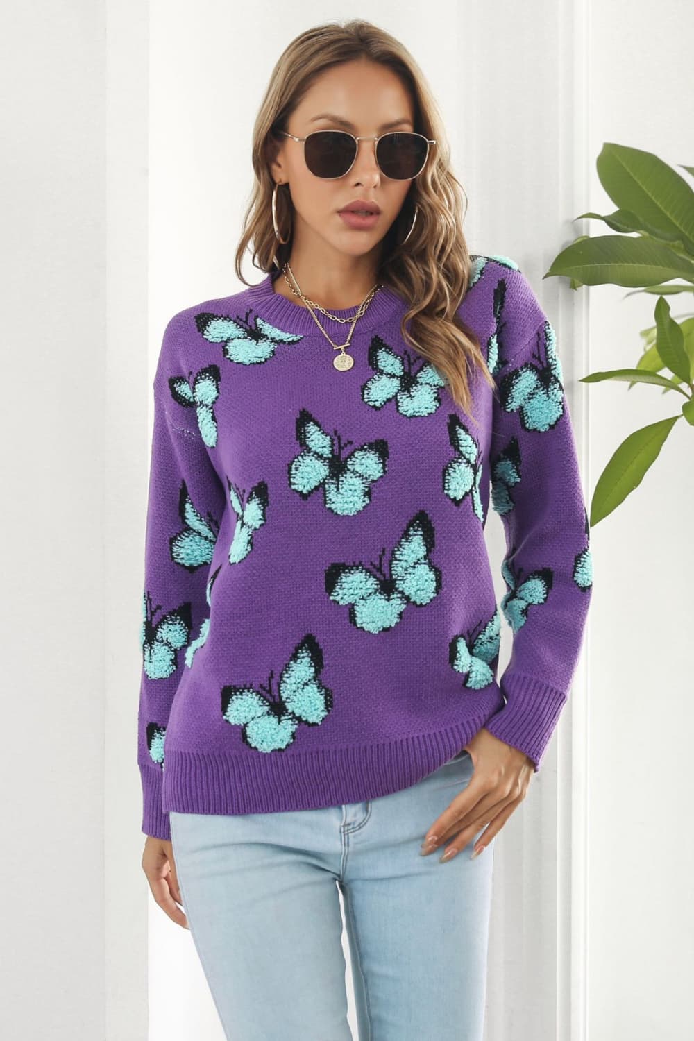 Butterfly Pattern Round Neck Dropped Shoulder Sweater - Pahabu - Women's Clothing & Shop