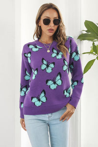 Butterfly Pattern Round Neck Dropped Shoulder Sweater - Pahabu - Women's Clothing & Shop