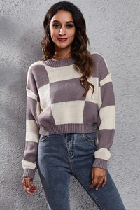 Color Block Round Neck Dropped Shoulder Sweater - Pahabu - Women's Clothing & Shop