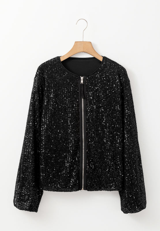 Sequin Zip Up Long Sleeve Jacket - Pahabu - Women's Clothing & Shop