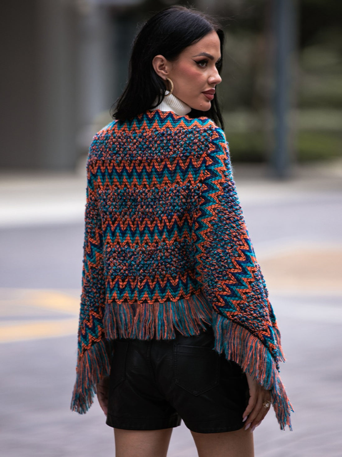 Shiny Fringe Hem Boat Neck Poncho - Pahabu - Women's Clothing & Shop