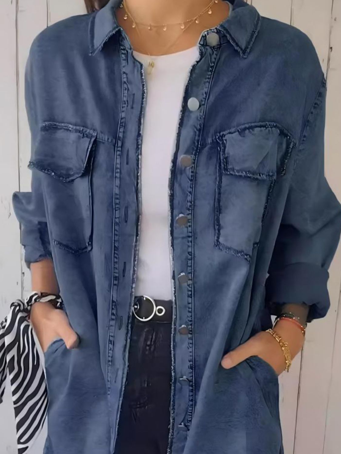 Full Size Raw Hem Button Up Long Sleeve Denim Top Plus Size - Pahabu - Women's Clothing & Shop