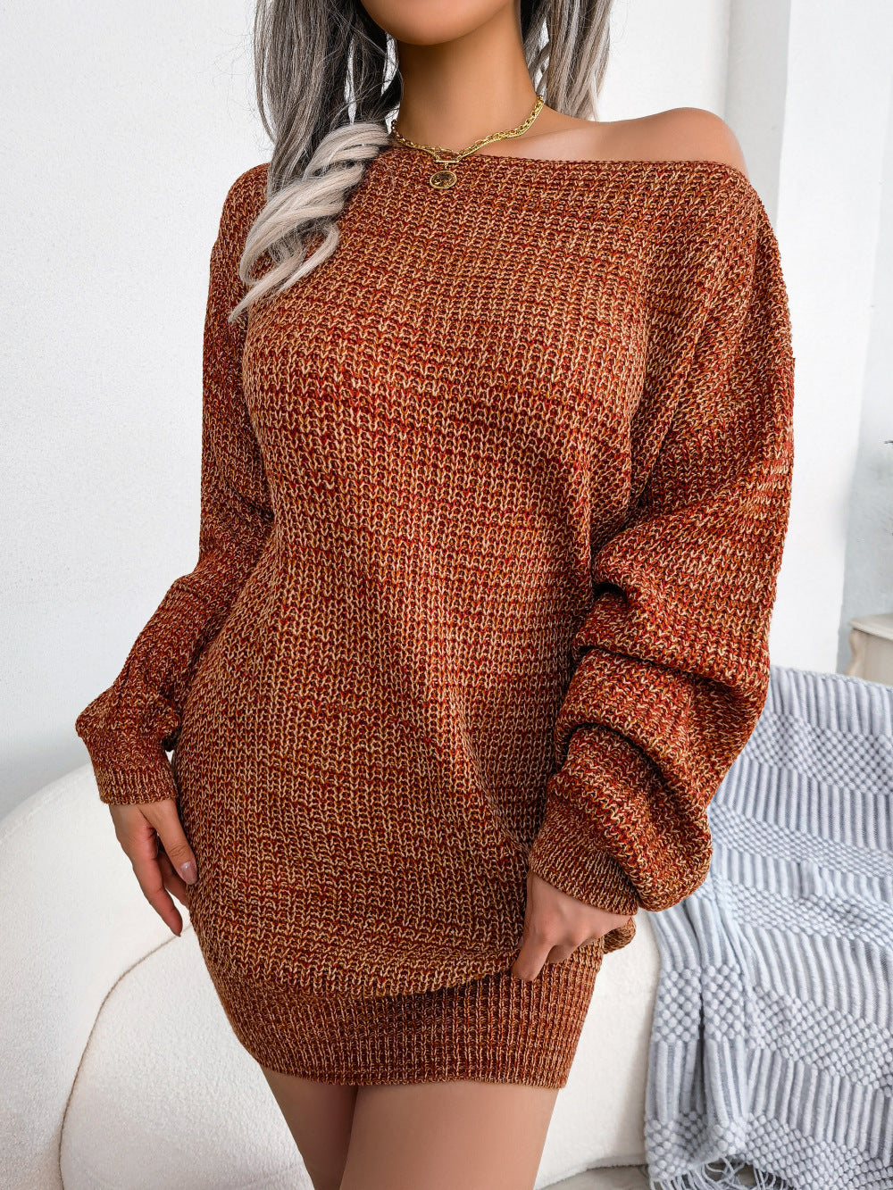 Heathered Boat Neck Lantern Sleeve Sweater Dress - Pahabu - Women's Clothing & Shop