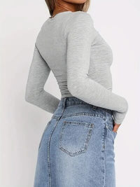 Solid Color Round Neck Long Sleeve T-Shirt - Pahabu - Women's Clothing & Shop