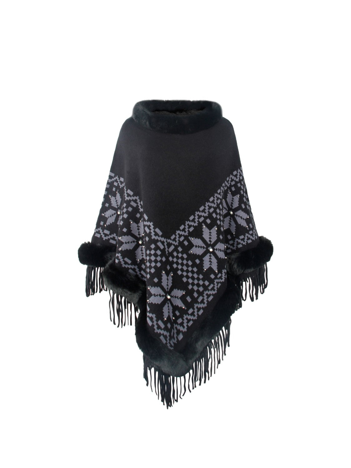 Fringe Geometric Cape Sleeve Poncho - Pahabu - Women's Clothing & Shop
