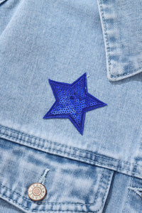 Pocketed Geometric Collared Neck Denim Jacket - Pahabu - Women's Clothing & Shop