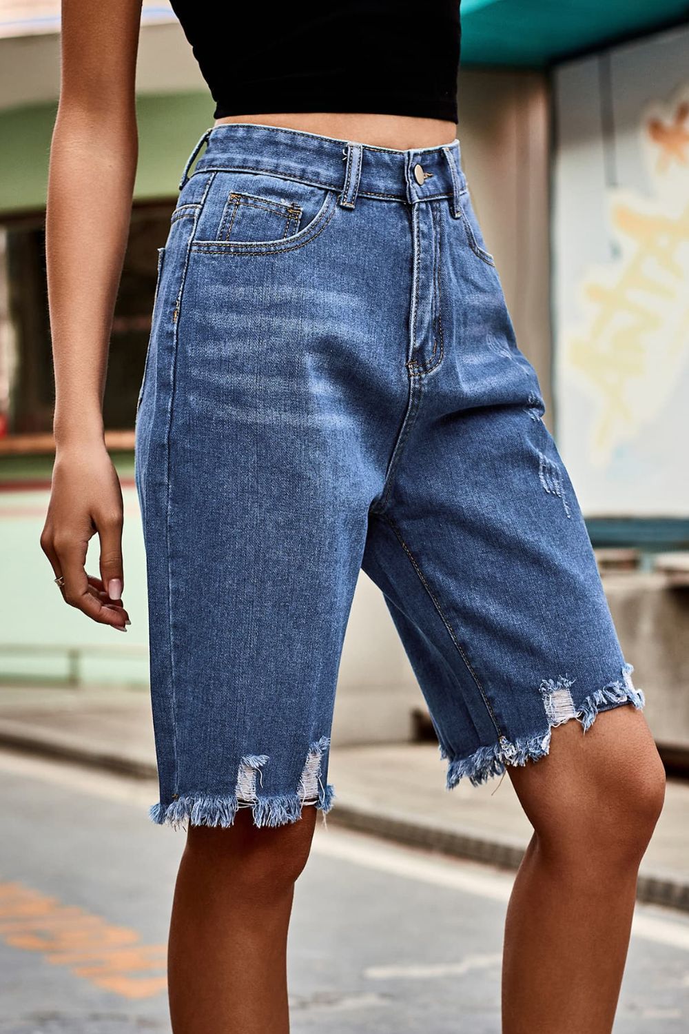 Raw Hem High Waist Denim Shorts with Pockets - Pahabu - Women's Clothing & Shop