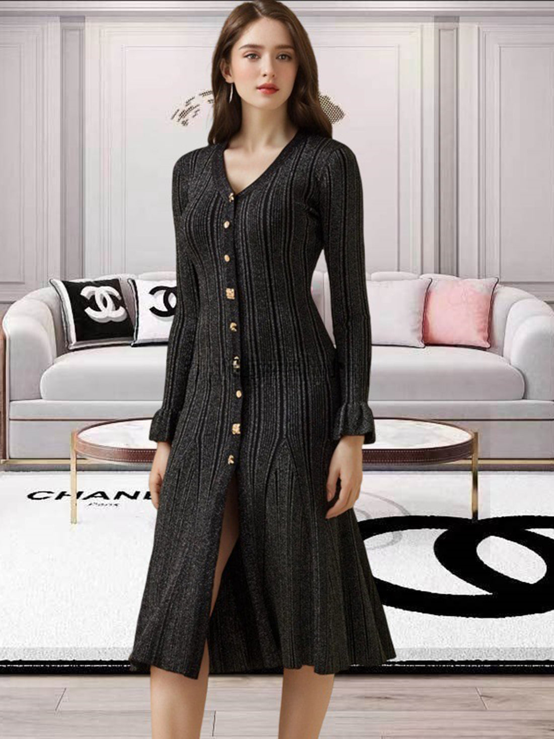 V-Neck Flounce Sleeve Sweater Dress - Pahabu - Women's Clothing & Shop