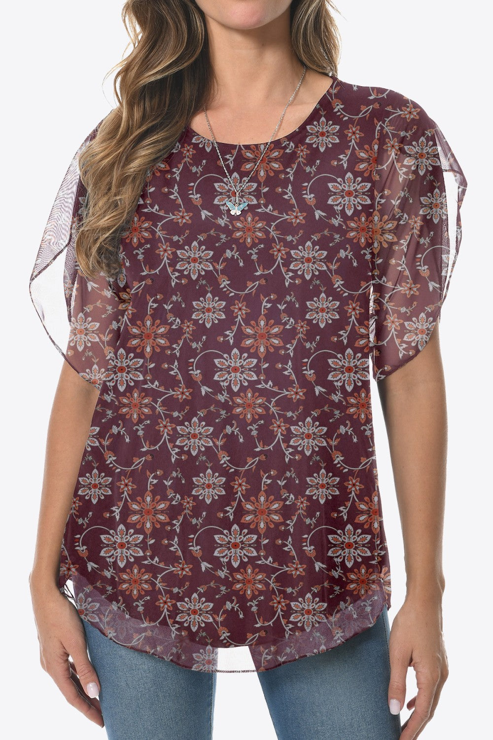 Printed Round Neck Curved Hem Blouse - Pahabu - Women's Clothing & Shop