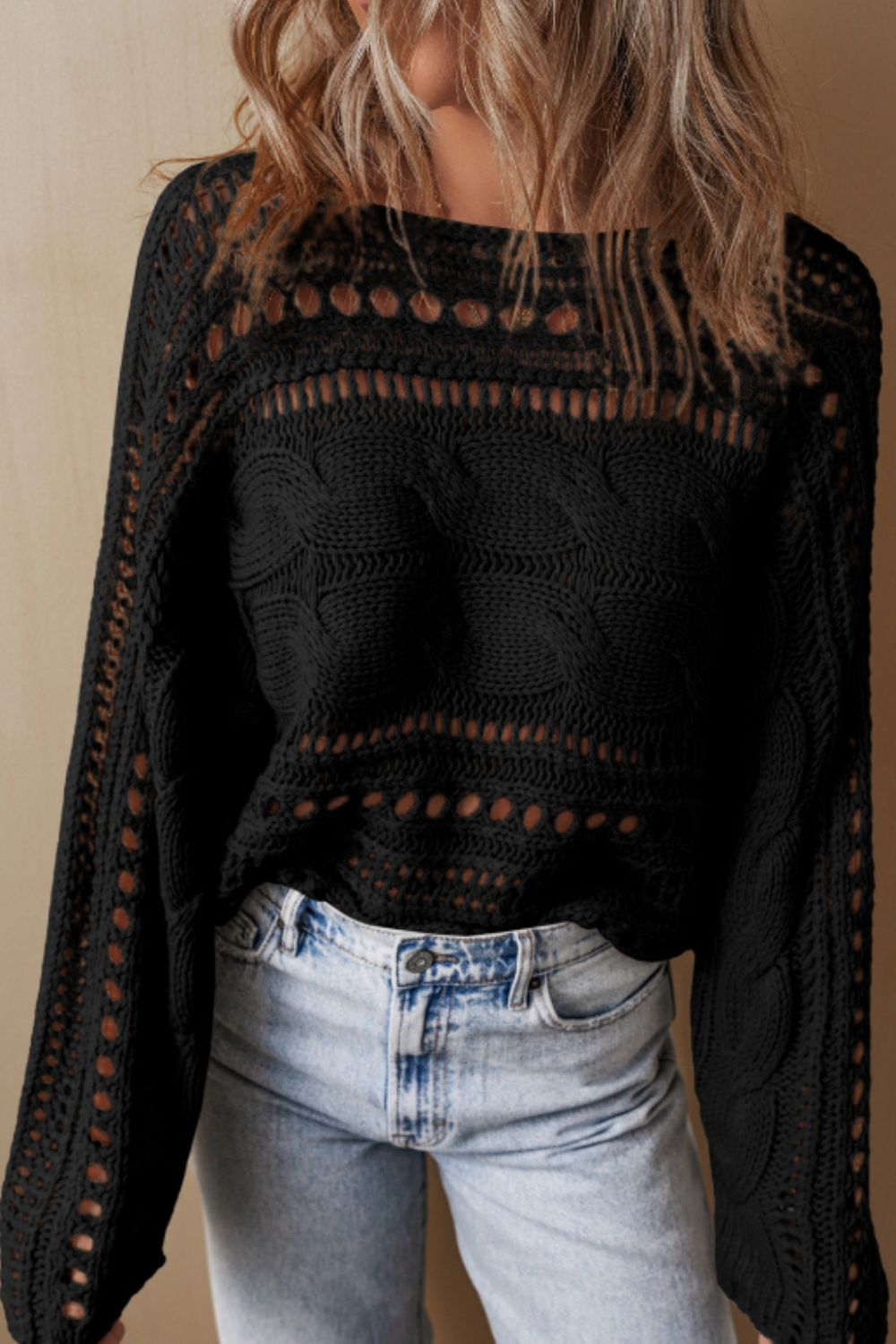 Openwork Cable Knit Long Sleeve Sweater - Pahabu - Women's Clothing & Shop