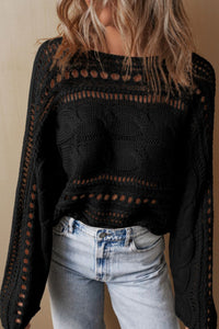 Openwork Cable Knit Long Sleeve Sweater - Pahabu - Women's Clothing & Shop