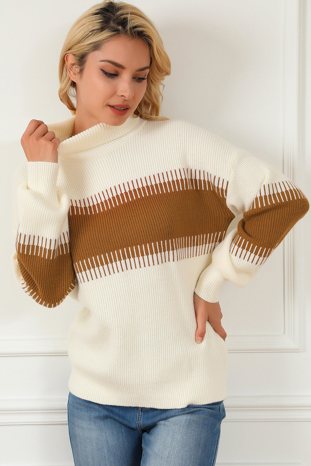 Contrast Turtleneck Long Sleeve Sweater - Pahabu - Women's Clothing & Shop