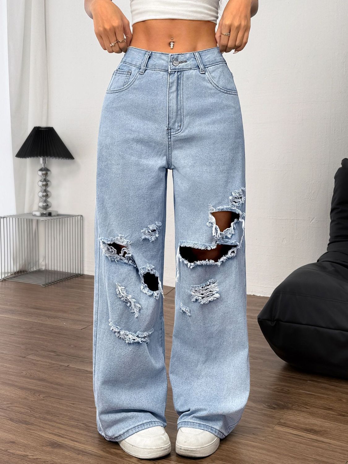 Distressed Wide Leg Jeans with Pockets - Pahabu - Women's Clothing & Shop