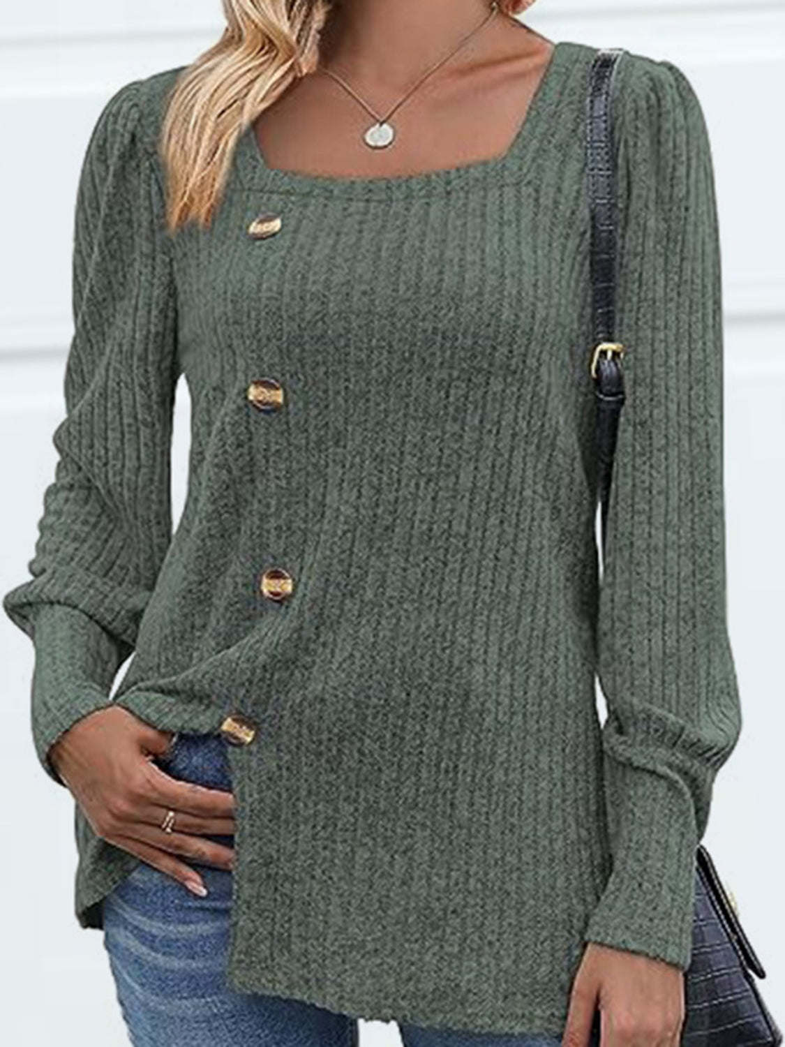 Decorative Button Square Neck Top - Pahabu - Women's Clothing & Shop
