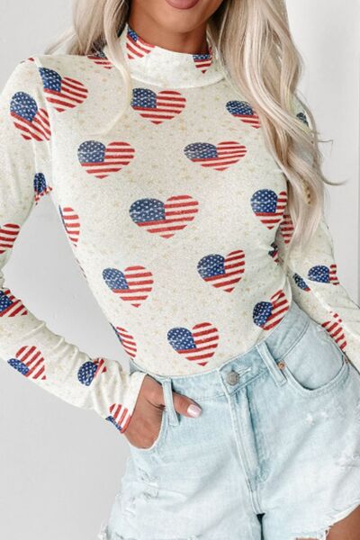 US Flag Heart Mock Neck Long Sleeve Bodysuit - Pahabu - Women's Clothing & Shop