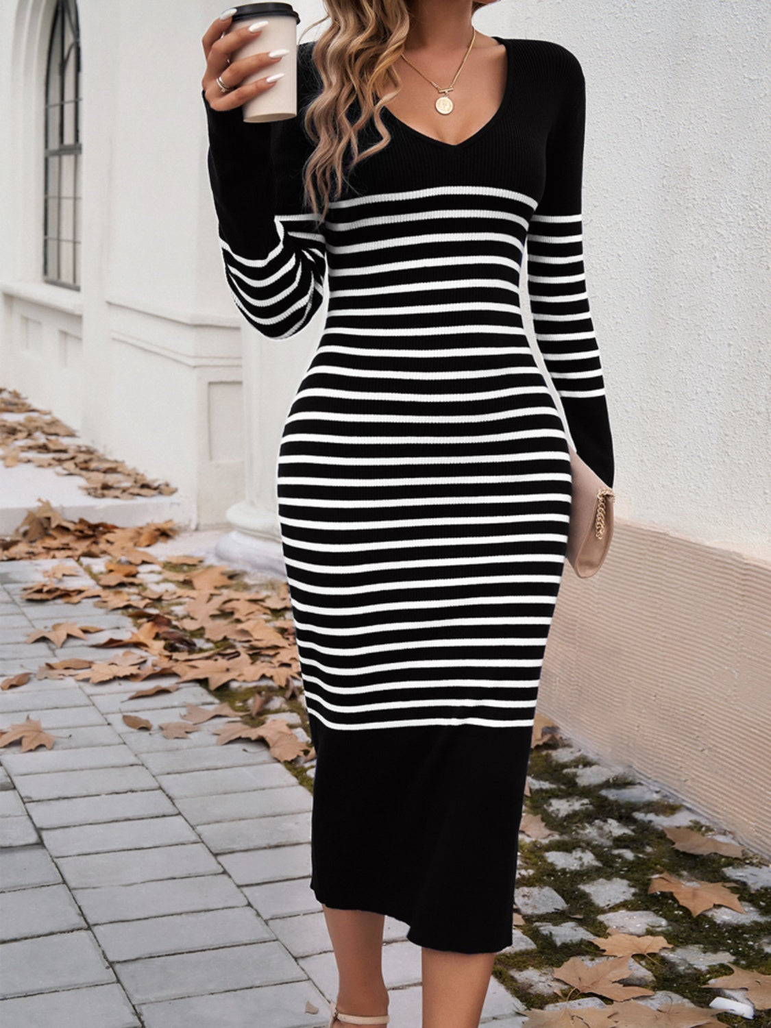 Devine Striped V-Neck Long Sleeve Sweater Dress - Pahabu - Women's Clothing & Shop