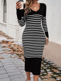 Devine Striped V-Neck Long Sleeve Sweater Dress - Pahabu - Women's Clothing & Shop
