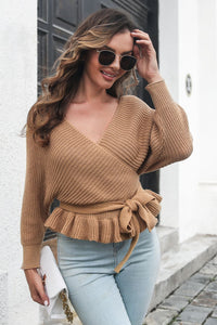 Tie Waist Ruffle Hem Sweater - Pahabu - Women's Clothing & Shop