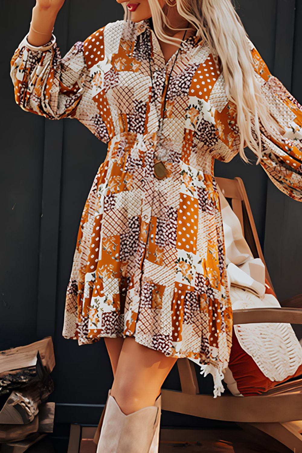 Printed Collared Neck Three-Quarter Sleeve Mini Shirt Dress - Pahabu - Women's Clothing & Shop