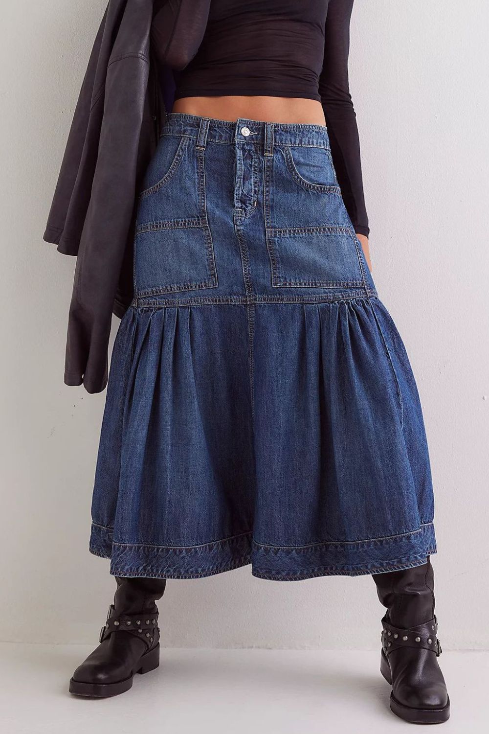 Midi Denim Skirt with Pockets - Pahabu - Women's Clothing & Shop