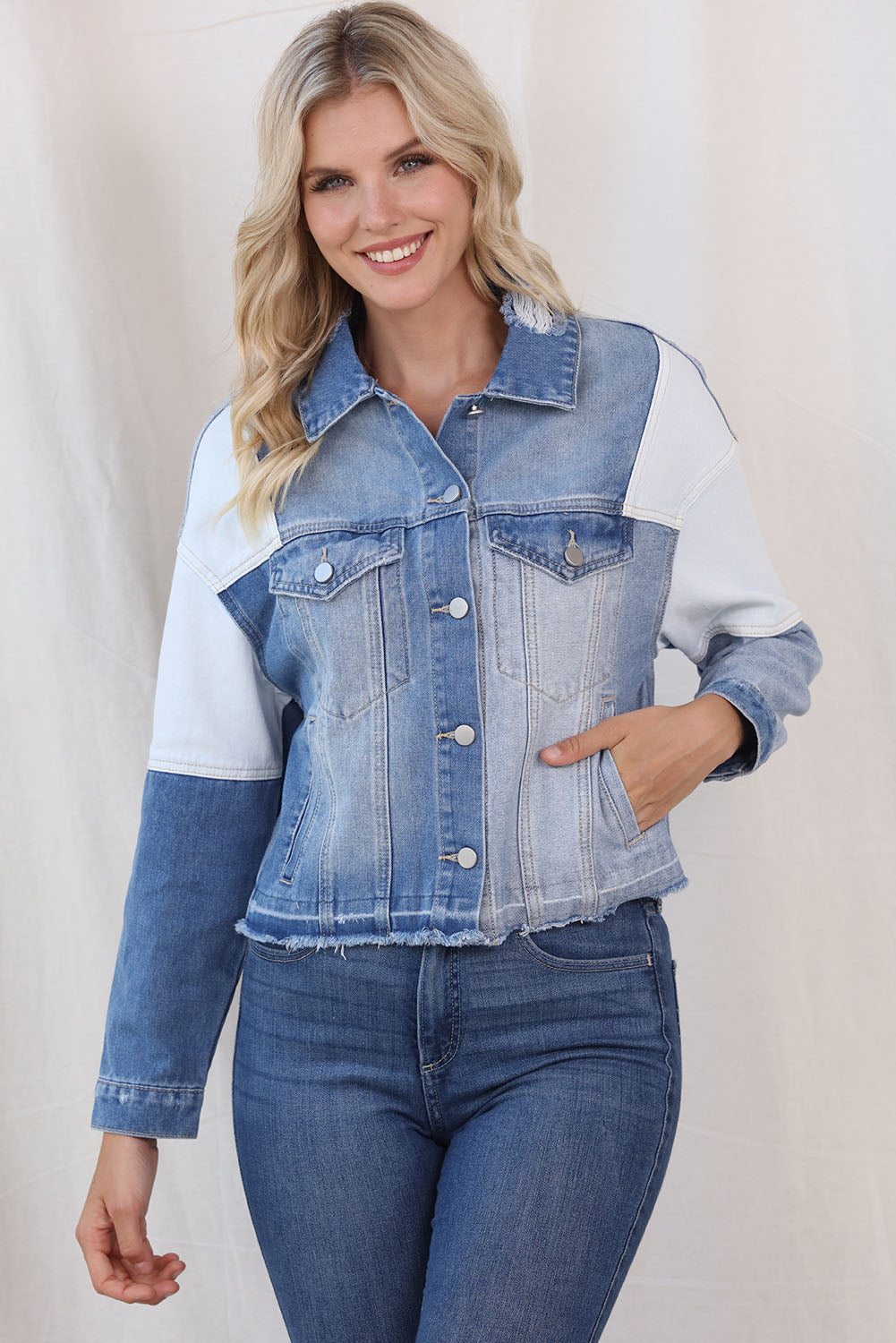 Color Block Distressed Button Up Denim Jacket - Pahabu - Women's Clothing & Shop