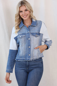 Color Block Distressed Button Up Denim Jacket - Pahabu - Women's Clothing & Shop