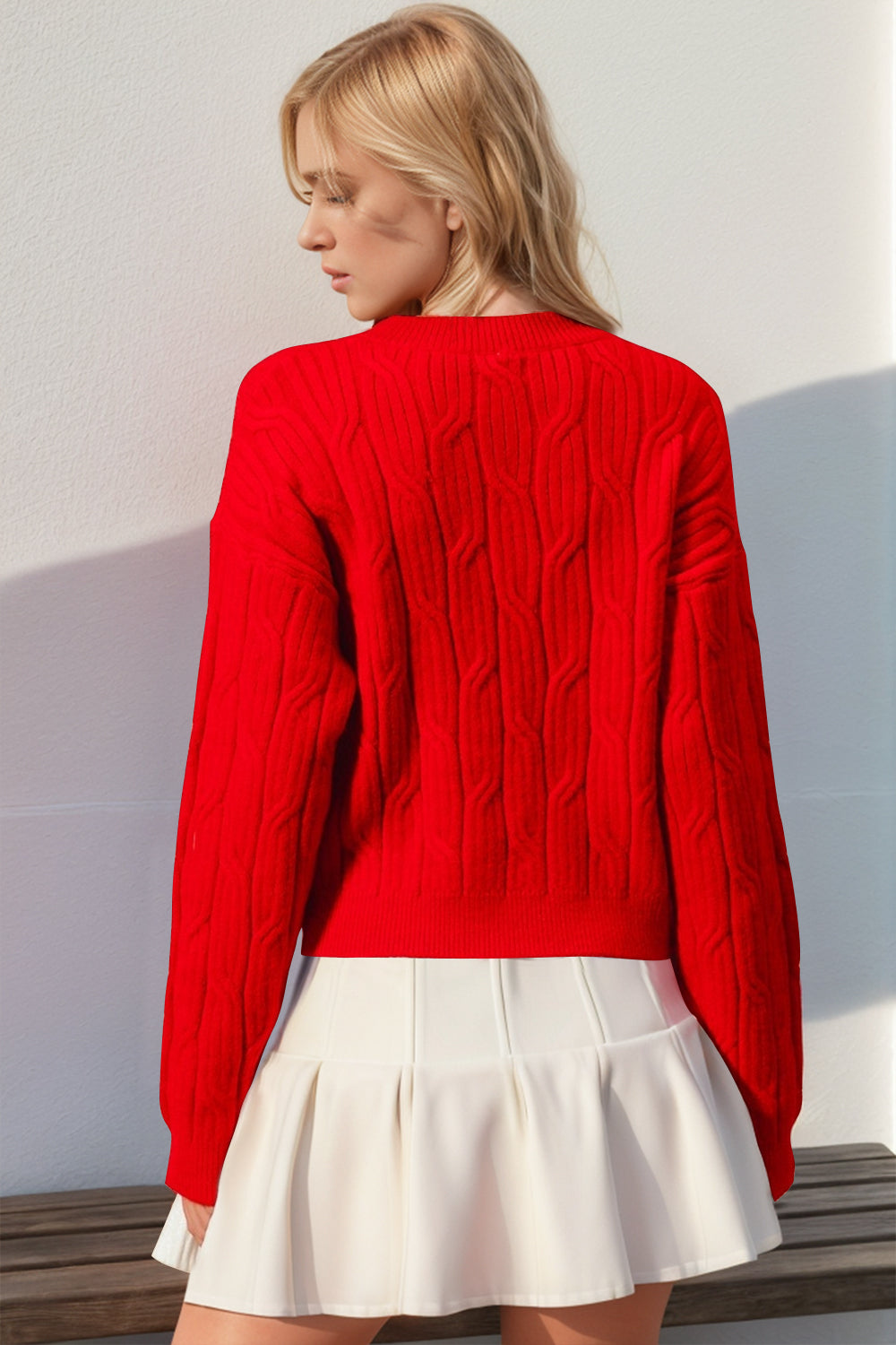 Double Take Full Size Bow Cable-Knit Round Neck Sweater - Pahabu - Women's Clothing & Shop