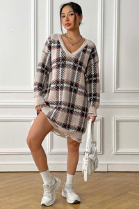 Plaid V-Neck Long Sleeve Sweater Dress - Pahabu - Women's Clothing & Shop