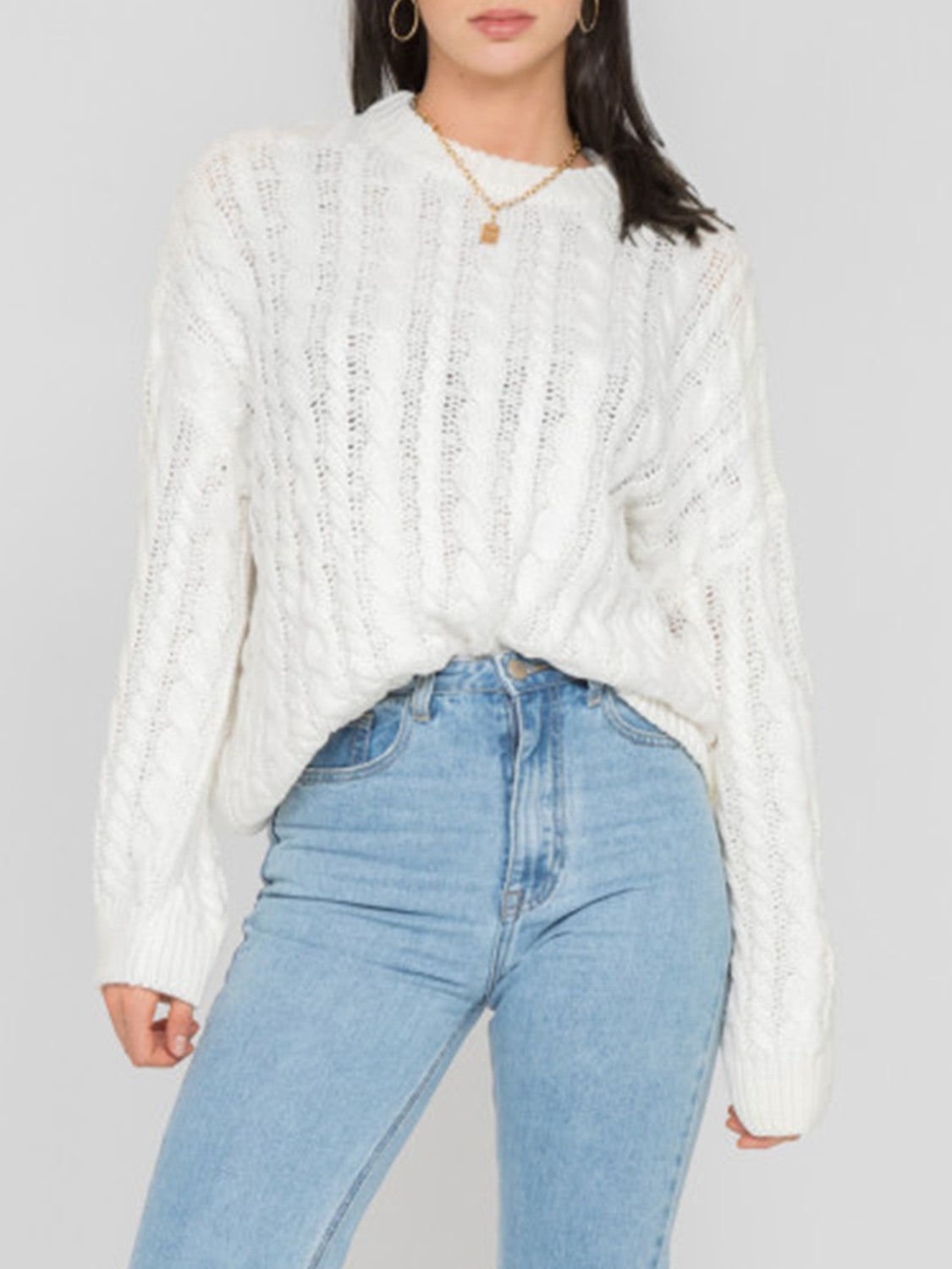 Openwork Round Sleeve Cable-Knit Sweater - Pahabu - Women's Clothing & Shop