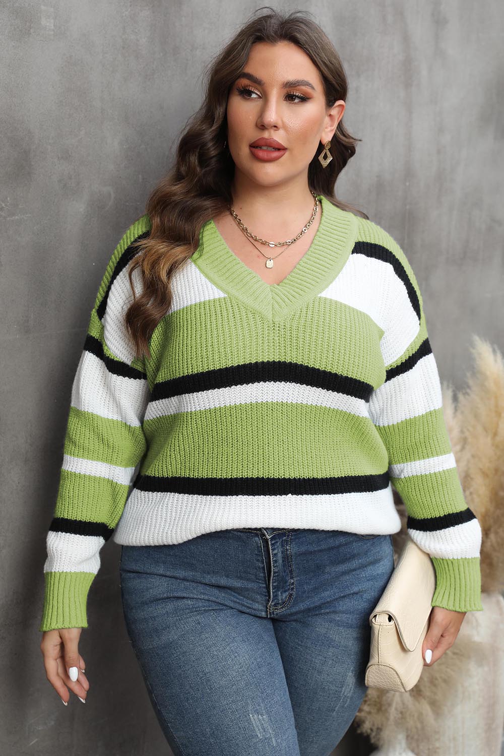 Plus Size Striped V-Neck Dropped Shoulder Sweater - Pahabu - Women's Clothing & Shop