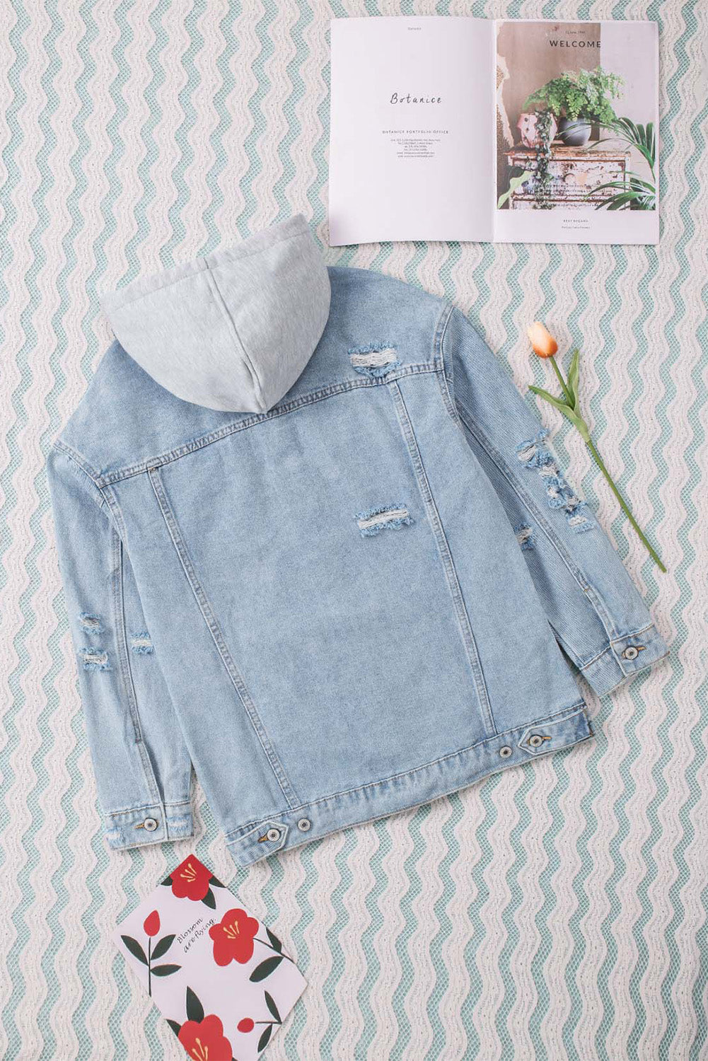 Distressed Hooded Denim Jacket - Pahabu - Women's Clothing & Shop
