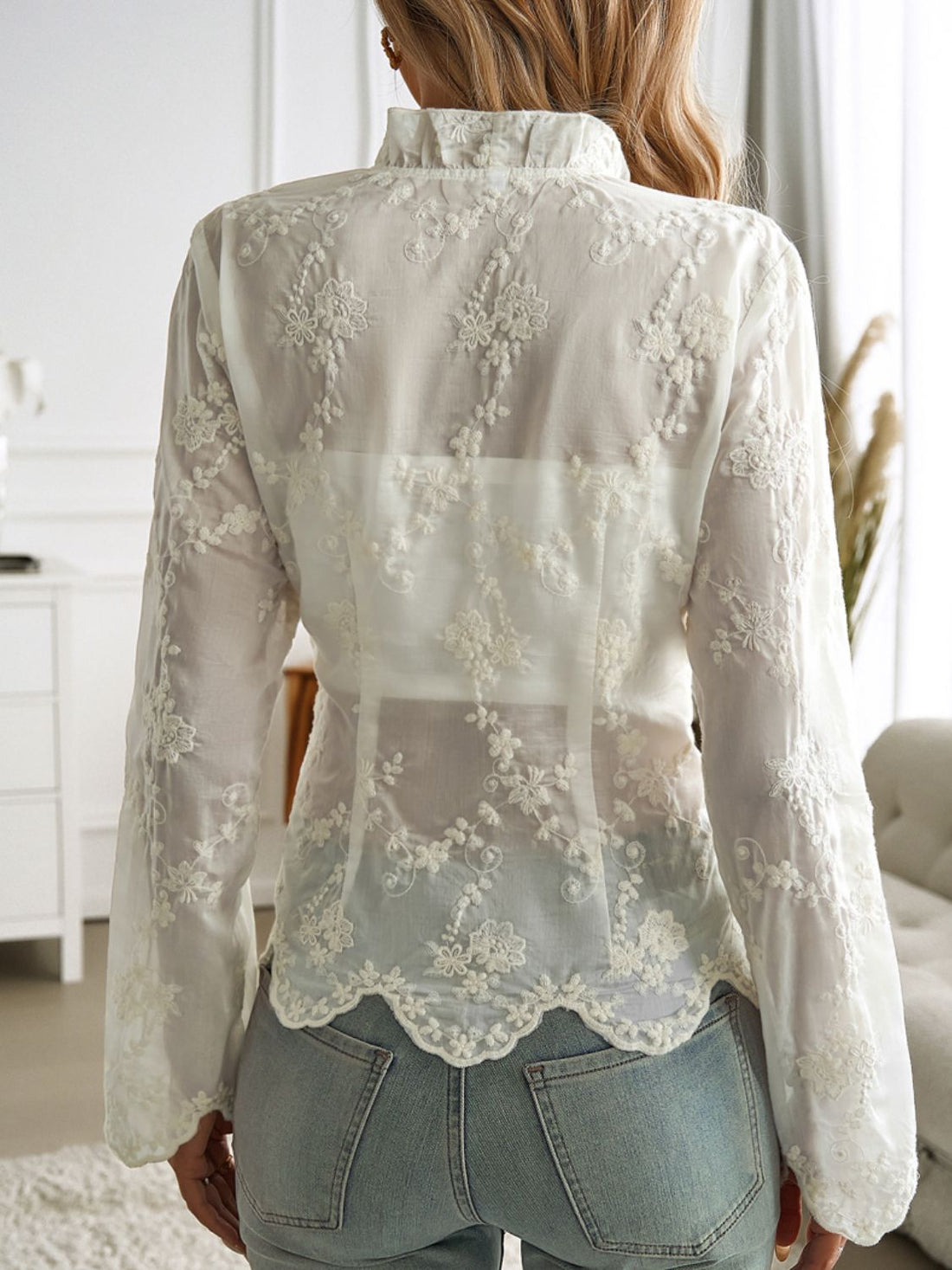 Devine Tied Frill V-Neck Long Sleeve Lace Top - Pahabu - Women's Clothing & Shop