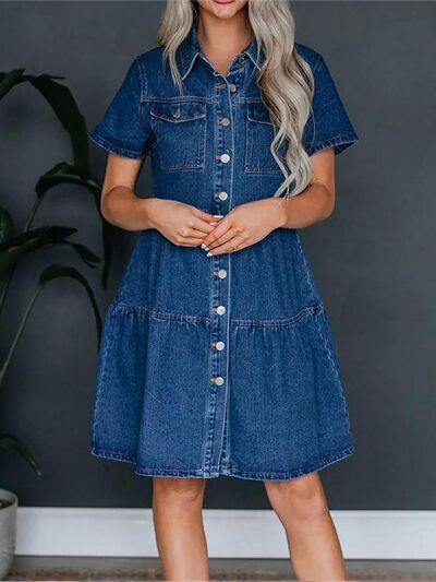 Pocketed Button Up Collared Neck Short Sleeve Denim Dress - Pahabu - Women's Clothing & Shop