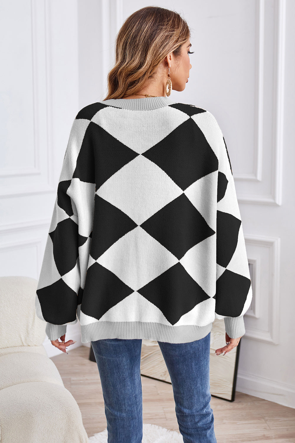 Geometric Lantern Sleeve Cardigan with Pockets - Pahabu - Women's Clothing & Shop