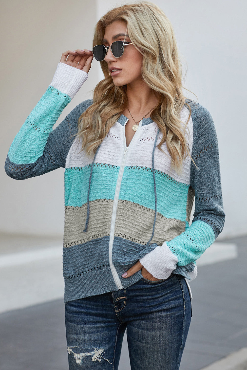 Zip-Up Raglan Sleeve Openwork Hooded Cardigan - Pahabu - Women's Clothing & Shop