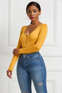 Half Zip Scoop Neck Long Sleeve Bodysuit - Pahabu - Women's Clothing & Shop