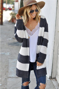 Contrast Stripes Open Front Long Sleeve Cardigan - Pahabu - Women's Clothing & Shop