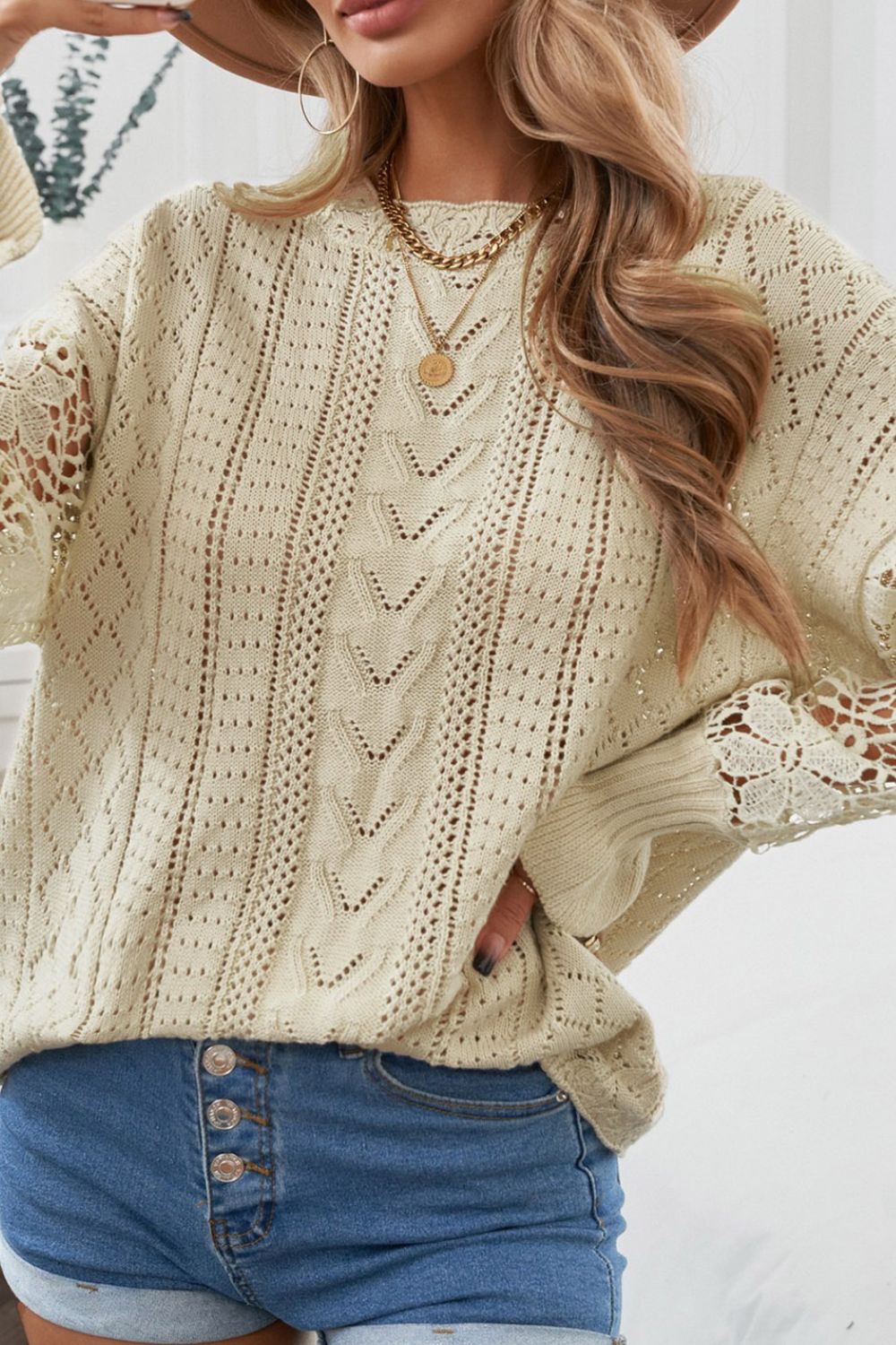 Openwork Round Neck Long Sleeve Sweater - Pahabu - Women's Clothing & Shop