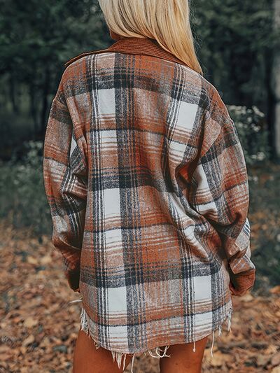 Plaid Collared Neck Button Up Shacket - Pahabu - Women's Clothing & Shop