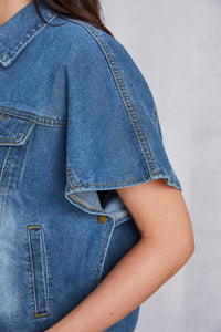 Pocketed Button Up Short Sleeve Denim Top - Pahabu - Women's Clothing & Shop